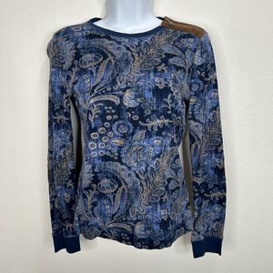 Lauren Ralph Lauren Blue Paisley Top Faux Suede shoulder zip elbow patch Medium